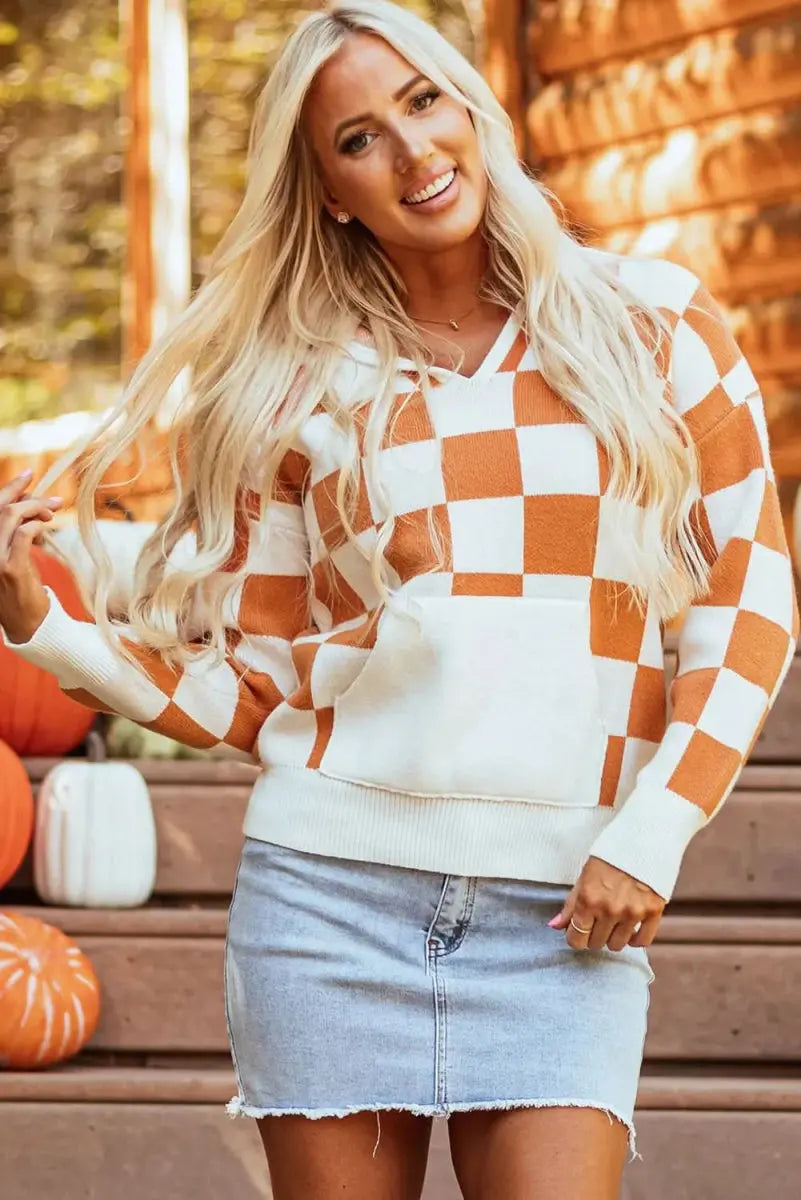 Checkered Long Sleeve Hooded Sweater - Love Salve